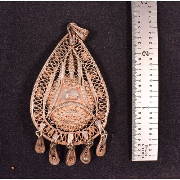 Vtg Large 925 Sterling Silver Filigree Pendant w/Blue Stone & Dangles - Picture 7 of 9